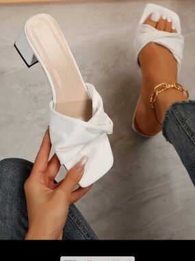 White Twist Strap Block Heel Mules - Women